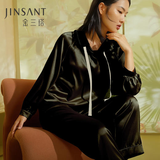 金三塔桑蚕丝弹力缎时尚出街款女士真丝睡衣钉珠连帽衣裤套家居服   YSFCA209 商品图2