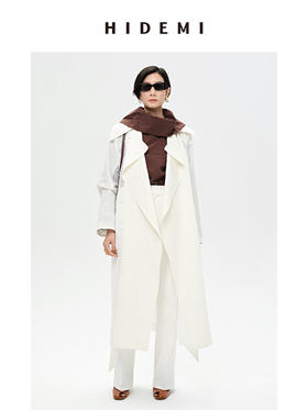 HIDEMI简约几何大翻领设计感亚麻拼接腰带式大风衣