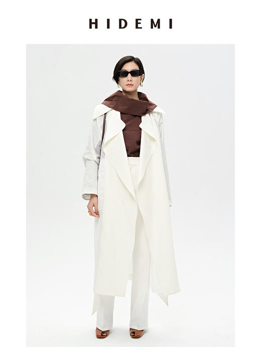 HIDEMI简约几何大翻领设计感亚麻拼接腰带式大风衣 商品图0
