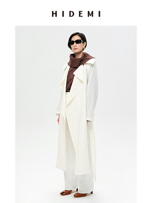 HIDEMI简约几何大翻领设计感亚麻拼接腰带式大风衣 商品图3
