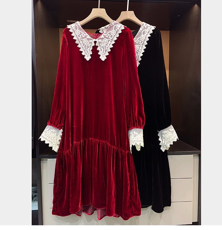 优雅真丝混纺丝绒蕾丝刺绣拼接宽松连衣裙2色酒红色,黑色smlxl香奈儿