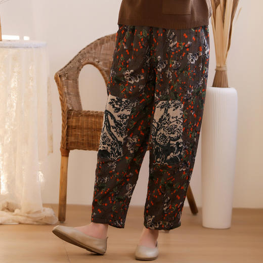WQ-BJ030FL春季新款中国风棉麻九分宽松大码休闲印花女士小脚彩绘哈伦裤 商品图1