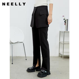 NEELLY纳俪商场同款开叉长款休闲裤女2022年春季新款黑色显瘦百搭N22012H01049