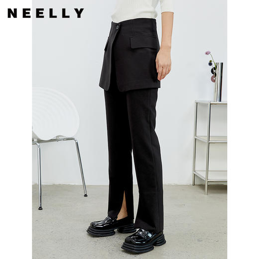 NEELLY纳俪商场同款开叉长款休闲裤女2022年春季新款黑色显瘦百搭N22012H01049 商品图0