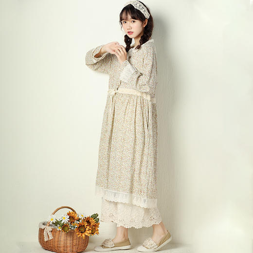 WQ-8802新款春装日系清新蕾丝娃娃领棉麻碎花长裙宽松长袖抽绳连衣裙 商品图3
