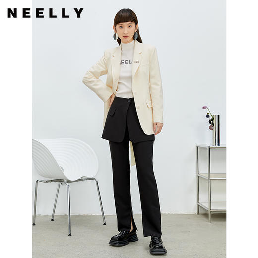 NEELLY纳俪商场同款开叉长款休闲裤女2022年春季新款黑色显瘦百搭N22012H01049 商品图1