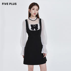 FIVE PLUS2022新款女春装设计感气质连衣裙女收腰网纱假两件裙子2WA1082420
