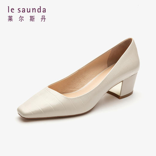 莱尔斯丹2022春夏新款优雅方头纯色压纹中跟单鞋3M40901 商品图1