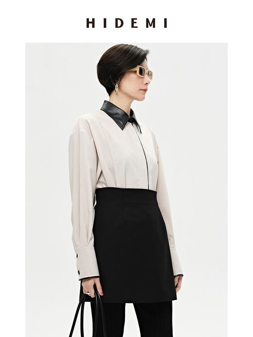 HIDEMI简约设计感拼皮衬衫式外套 商品图2