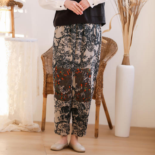 WQ-BJ030FL春季新款中国风棉麻九分宽松大码休闲印花女士小脚彩绘哈伦裤 商品图3