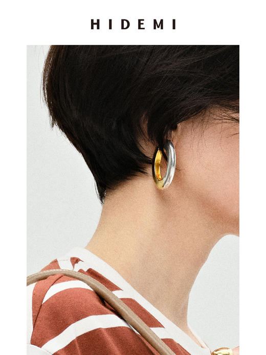 HIDEMI简约设计感宽版圆形金银双色耳环 商品图2