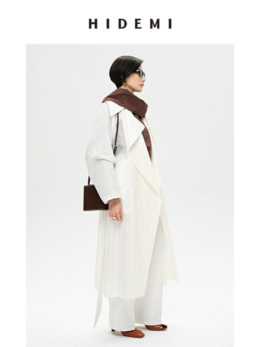 HIDEMI简约几何大翻领设计感亚麻拼接腰带式大风衣 商品图4