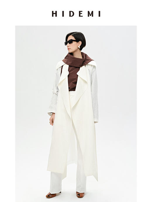 HIDEMI简约几何大翻领设计感亚麻拼接腰带式大风衣 商品图2