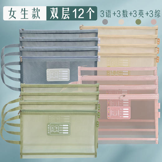 科目分类文件袋大容量双层拉链作业袋学生用透明尼龙网纱A4资料袋 商品图9