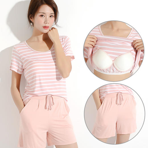 莫代尔居家服睡衣女套装带胸垫条纹女短袖t恤上衣短裤睡裙睡袍bra 商品图0