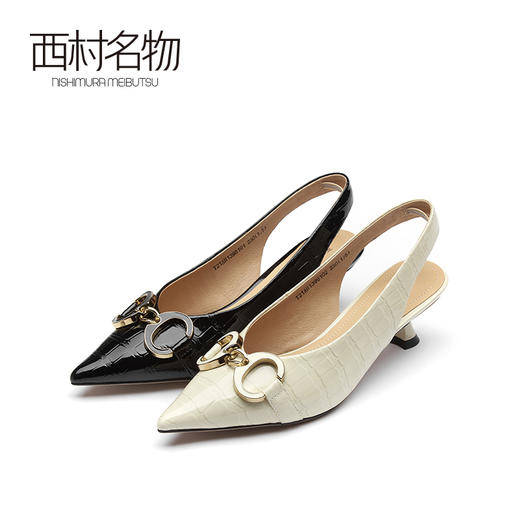 西村名物春款牛皮革优雅细跟后空凉鞋尖头细跟单鞋13981 商品图0