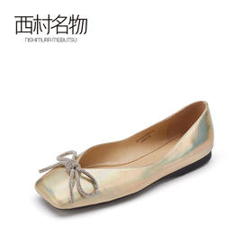 西村名物2021秋季新款超软牛皮方头浅口单鞋蝴蝶结芭蕾舞真皮女鞋T21CE33831