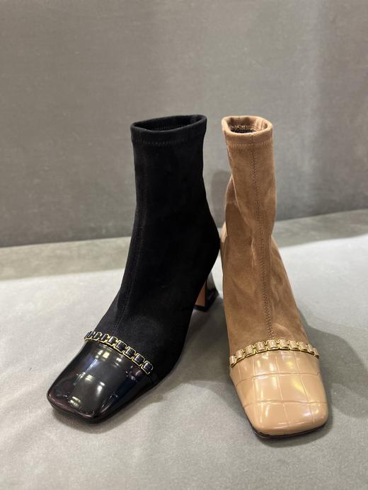 IUIU SECOND 2021冬季新款时尚拼接方头粗跟短靴 商品图2