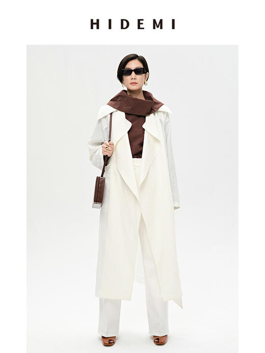 HIDEMI简约几何大翻领设计感亚麻拼接腰带式大风衣 商品图5