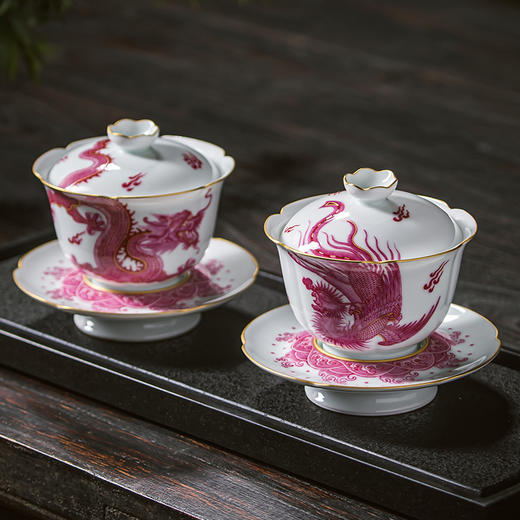 【皇窑】雅玩 手绘珐琅彩宝石红龙凤纹盖碗 商品图2