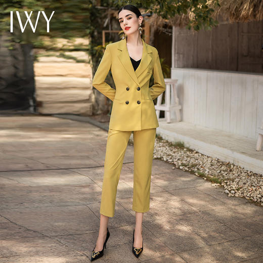 IWY/高端质感姜黄色西装套装女款双排扣干练主持人西服套裤职业装CP0255 商品图2