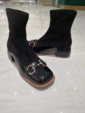 IUIU SECOND 2021冬季新款马衔扣方头拼接弹力短靴