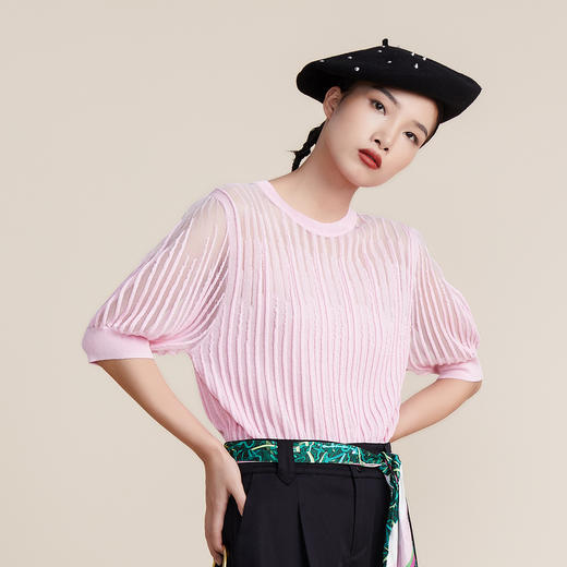 谜底2022春新款宽松渐变圆领短袖套头针织衫女立体卷边221MZ0342 商品图0