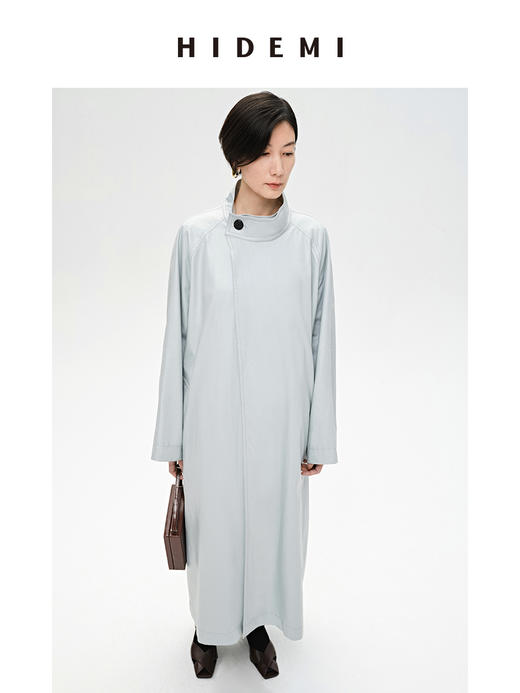 HIDEMI 婴儿蓝褶皱PU环保皮小立领廓形大风衣 商品图11