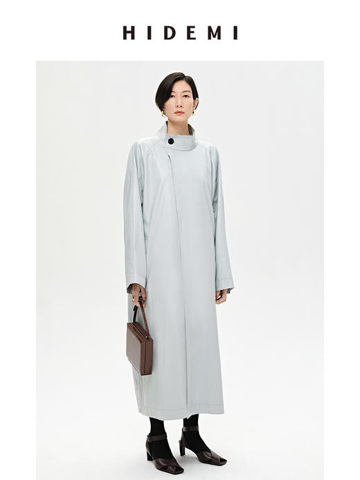 HIDEMI 婴儿蓝褶皱PU环保皮小立领廓形大风衣 商品图12