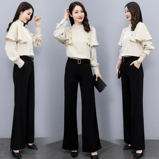 LJY-YJ2205-0121 2022新款春装衬衫木耳边设计感上衣垂感显瘦喇叭裤套装 商品图2