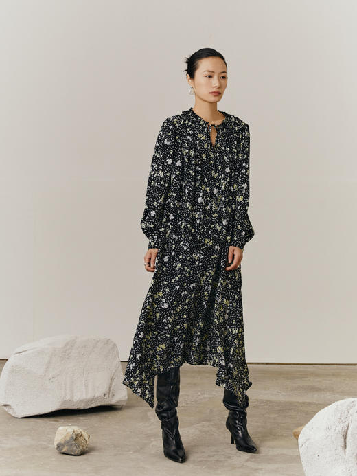 HeyDress法式碎花长袖连衣裙女显瘦收腰不规则温柔气质裙子 商品图1