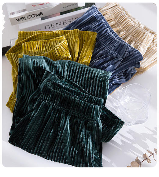 【限时折扣】丝绒百褶阔腿裤（黄色/黑色/孔雀绿/灰蓝色/香槟色）S-XL 商品图1