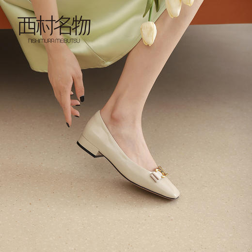 西村名物2021秋季新款单鞋小香风女真皮凯旋门蝴蝶结平底鞋T21CE33971 商品图0