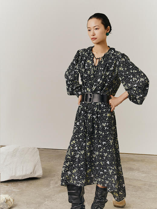 HeyDress法式碎花长袖连衣裙女显瘦收腰不规则温柔气质裙子 商品图0