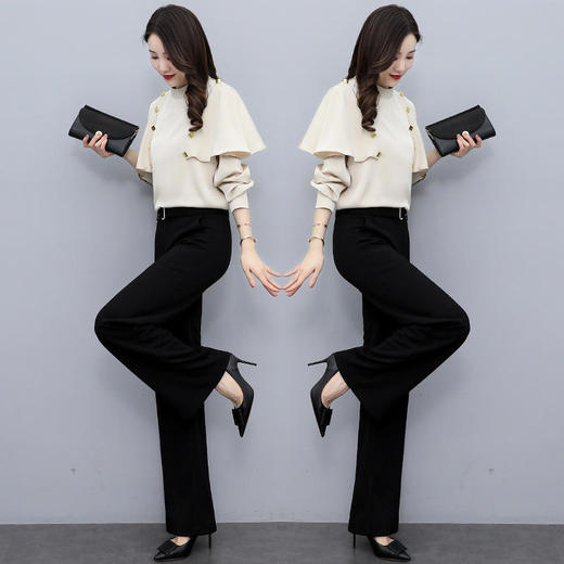 LJY-YJ2205-0121 2022新款春装衬衫木耳边设计感上衣垂感显瘦喇叭裤套装 商品图3