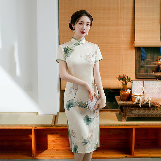 春夏新品中长改良双层短袖印花旗袍日常修身显瘦年轻款时尚旗袍  ZA82250 商品图3