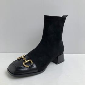 IUIU SECOND 2021冬季新款马衔扣方头拼接粗跟短靴