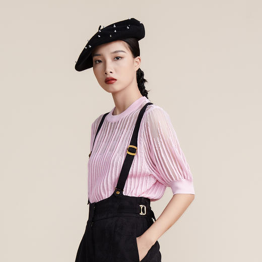 谜底2022春新款宽松渐变圆领短袖套头针织衫女立体卷边221MZ0342 商品图2