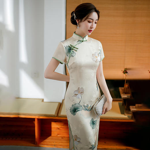 春夏新品中长改良双层短袖印花旗袍日常修身显瘦年轻款时尚旗袍  ZA82250 商品图0