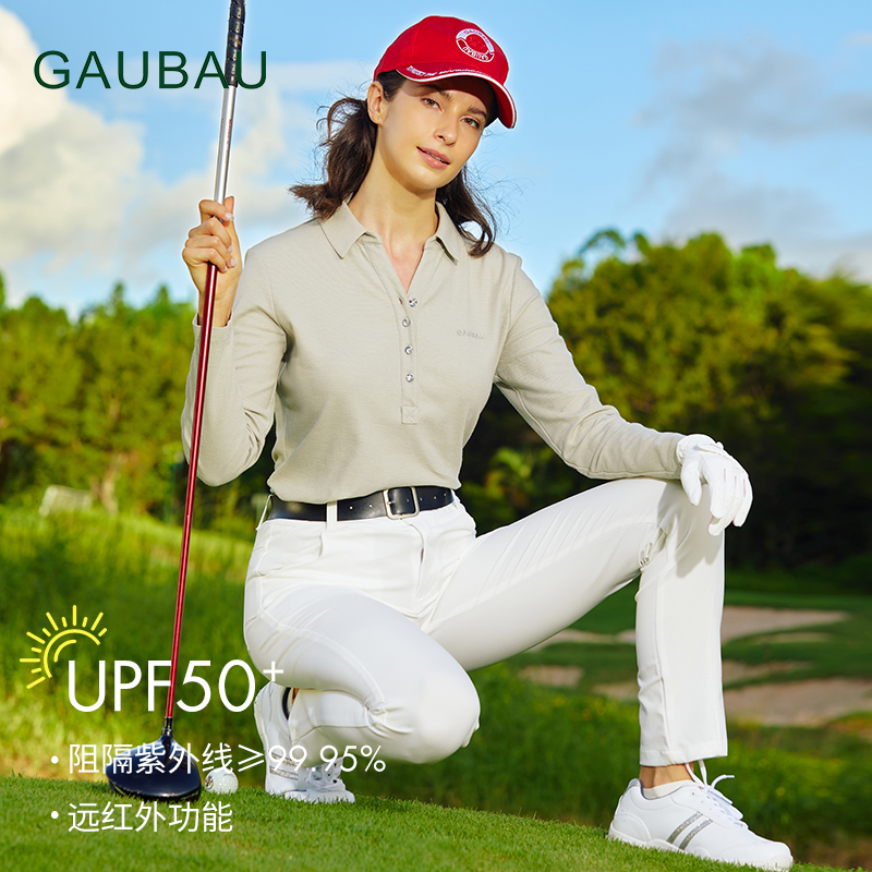 GAUBAU/戈宝红麻高尔夫女装上衣夏天防晒长袖翻领T恤户外运动球服