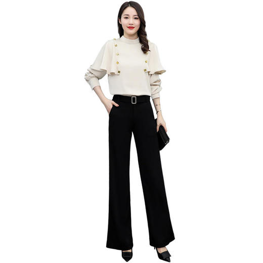 LJY-YJ2205-0121 2022新款春装衬衫木耳边设计感上衣垂感显瘦喇叭裤套装 商品图4