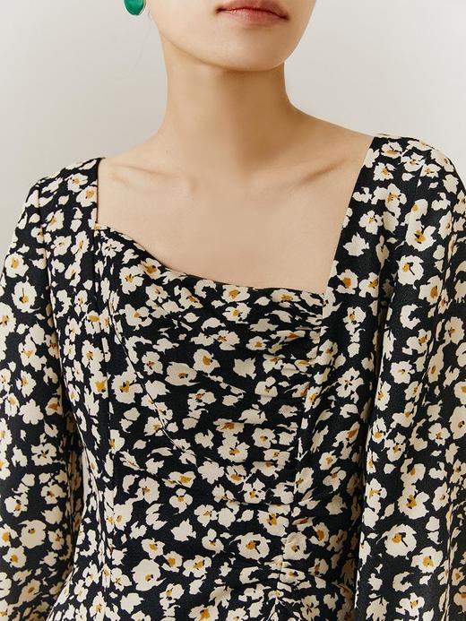 HeyDress斜领碎花连衣裙女抽褶显瘦设计感中长款裙子 商品图3