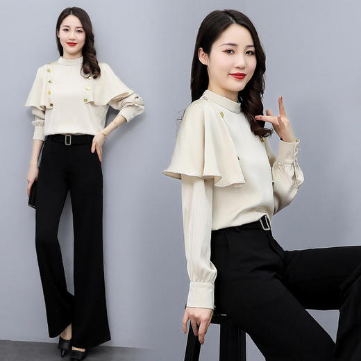 LJY-YJ2205-0121 2022新款春装衬衫木耳边设计感上衣垂感显瘦喇叭裤套装 商品图0