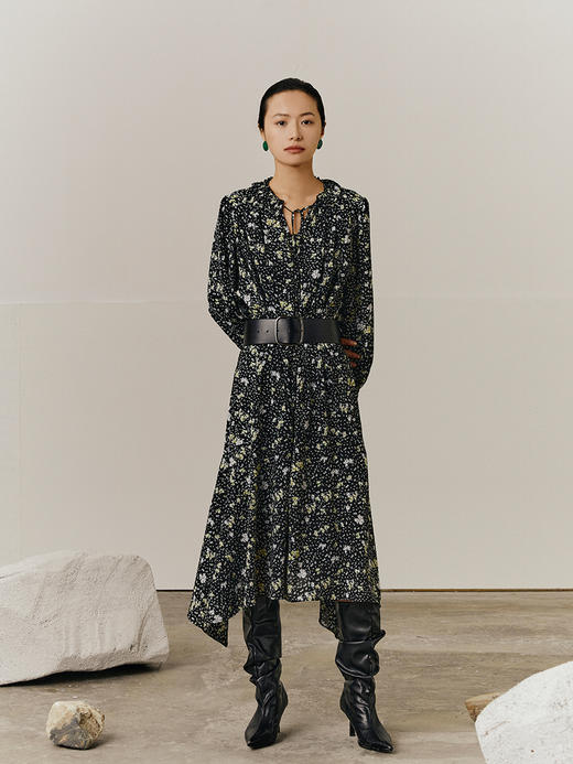 HeyDress法式碎花长袖连衣裙女显瘦收腰不规则温柔气质裙子 商品图3