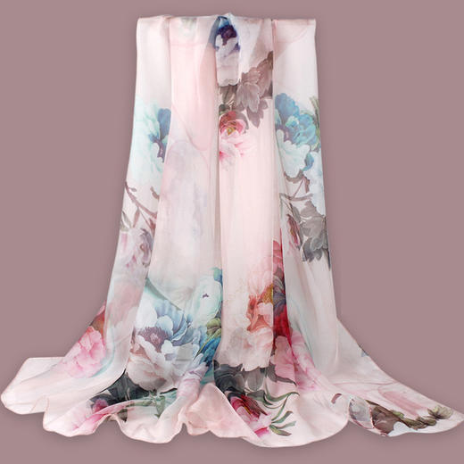 上海故事春秋夏季薄款女百搭丝丝巾纱巾披肩  LJD春花秋月喷绘丝巾 商品图2