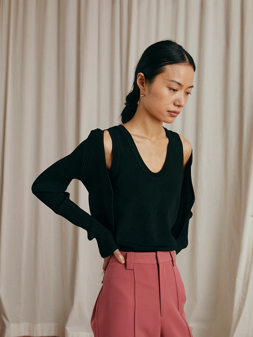 HeyDress别致针织开衫套装女短款黑色U领修身针织上衣 商品图3