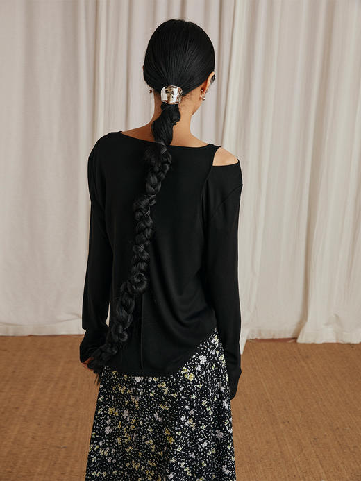 HeyDress露肩长袖T恤女宽松慵懒风打底衫小众显瘦内搭针织衫 商品图4