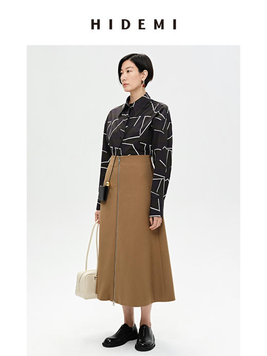 HIDEMI 简约A型伞状拉链式半身裙 黑色/卡其色 商品图7
