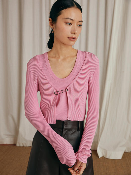 HeyDress别致针织开衫套装女短款黑色U领修身针织上衣 商品图0