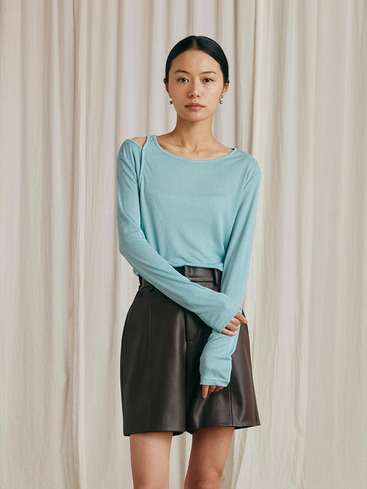 HeyDress露肩长袖T恤女宽松慵懒风打底衫小众显瘦内搭针织衫 商品图0
